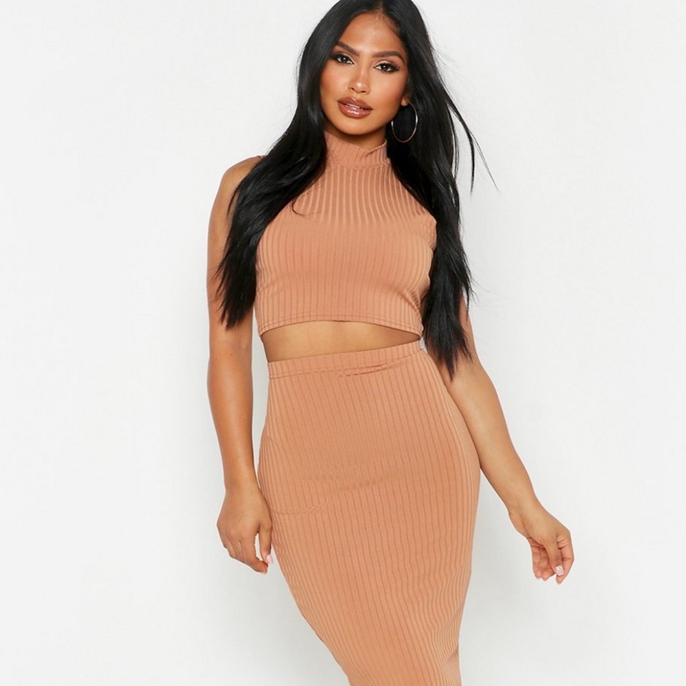 Hourglass Ribbed Bodycon Midi Skirt Orange color